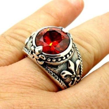 Imagem de Anel Templário Rubi Sintético Flor De Lis Prata De Lei 20167 - Shop da