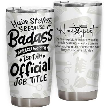 Imagem de HQWHBU Copo de 590 ml com tampa e canudo, copo de café isolado a vácuo para presentes de formatura de cabeleireiro