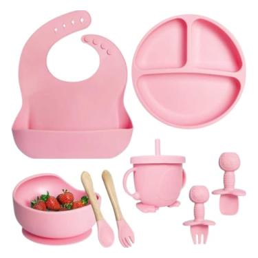 Imagem de Kit Introdução Alimentar Bebê 8 Peças Silicone Iniciação Para Alimentos Livre de BPA Atóxico Antibacteriano Seguro Sem Pontas Colher, garfo, copinho, pote e pratinho (rosa claro)