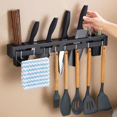 Imagem de Organizador de Utensílios para Cozinha, Suporte de Parede em Preto, 50cm x 7cm x 6cm, com Ganchos para Pendurar, Kit de Instalação Incluído