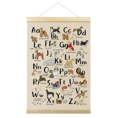 Imagem de Quadro do alfabeto pôster de cachorro emoldurado, moldura de pôster do alfabeto animal, pinturas de arte de parede em tela de raça de cachorro para sala de aula, sala de estar, quarto