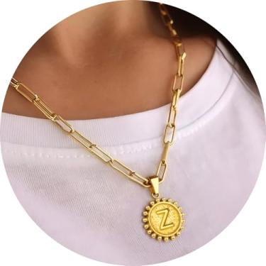 Imagem de Colar com pingente circular inicial A-Z, joia personalizada de aço inoxidável com bordas decorativas, adequado para mulheres, F, Aço inoxidável, Sem Pedra Preciosa