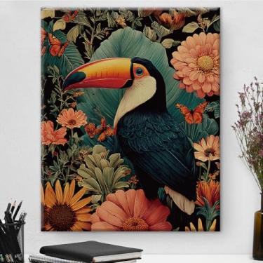 Imagem de Arte de parede em tela vintage tucano floral tucano colorido impressão imagem estética pássaro arte pintura para casa fazenda sala de estar decoração de parede 20 x 25 centímetros