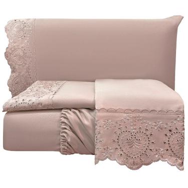Imagem de Jogo De Cama Lençol King Nupcial Percal 300 Fios 4 Peças Rosê 100% Poliéster
