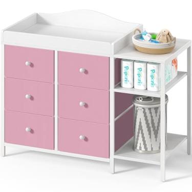 Imagem de BOLUO Cômoda de bebê com trocador de fraldas, cômoda de trocador com 6 gavetas de tecido, trocador de fraldas com prateleira de armazenamento para berçário moderno