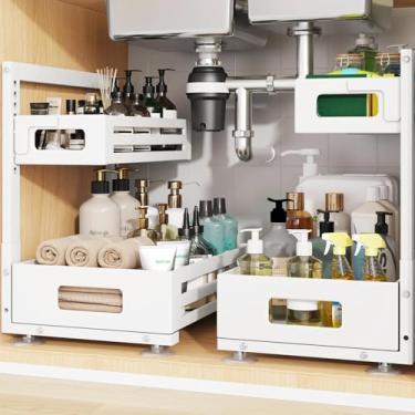 Imagem de Biboraya Pacote com 2 organizadores embaixo da pia, organizador de armário com trilho cilíndrico liso, gaveta deslizante de metal para cozinha, banheiro, armário de lavanderia, altura ajustável de 8