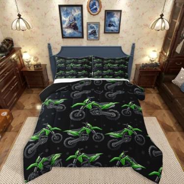 Imagem de Erosebridal Jogo de cama solteiro de motocross, verde, motocross, corrida, motocross, preto, com 1 fronha para crianças, adolescentes, homens, decoração de quarto