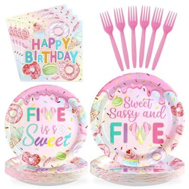 Imagem de Greencian 96 Pcs Sweet Sassy and 5 Birthday Decorations Donut 5th Birthday Party Decorations for Girls Colorful Donut Plates and Napkins 5 Years Old Disposable Party Supplies Serves 24