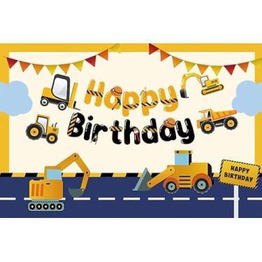 Imagem de ZJRBJB Decoração de festa de aniversário de 3 x 2,4 m, pano de fundo, escavadeira, caminhão basculante, aniversário para meninos, crianças, fundo de guindaste, zona, chá de bebê, revelação de gênero