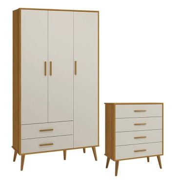 Imagem de Cômoda Gaveteiro e Guarda Roupa Infantil Isis 3 Portas 6 Gavetas em MDF 112 cm Bege Reller