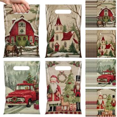 Imagem de Thyle 48 peças de sacolas de presente de Natal vintage de plástico com alça para presente de Natal, Papai Noel, doces, biscoitos, lanches, presente retrô para lembrancinhas de festa de inverno, Natal