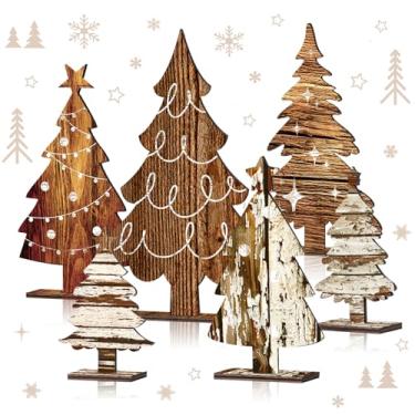Imagem de 6 peças de decoração de mesa de árvore de madeira de Natal, Natal, placas de mesa natalinas, casa de fazenda rústica, colorido, desenho animado, árvore de Natal, centros de mesa para casa, prateleira