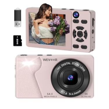 Imagem de Câmera digital 4K, câmera de vlogging com foco automático Wevoor de 64 MP com lente dupla, zoom digital 18x, YouTube, câmera compacta de ponto de viagem para adolescentes e adultos, antivibração