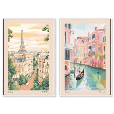 Imagem de Blush Parisian Glam conjunto de 2 painéis impressão em tela arte de parede glamorosa por Art Remedy, moldura branca, 25 x 38 cm