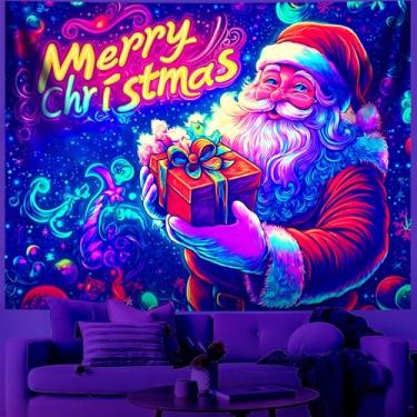 Imagem de BVBOX Tapeçaria de Feliz Natal com Luz Negra Decorações de Natal Tapeçaria que Brilha no Escuro para Quarto Sala de Estar Festa Banners Decoração (Papai Noel, 140 cm C x 128 cm L, Sem moldura)