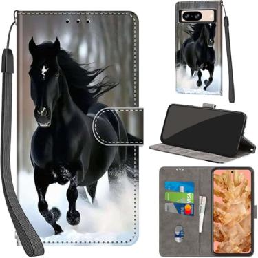 Imagem de Capa carteira para Google Pixel 8, com [3 compartimentos para cartão], fecho magnético com suporte, couro PU, capa flip protetora à prova de choque 15.7 cm 2023, neve e cavalos