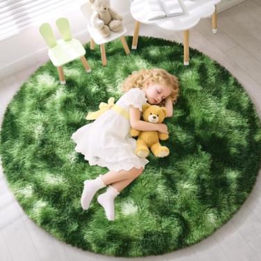 Imagem de EVOIONOS Tapete redondo verde tingido para quarto, 1,2 x 1,2 m, macio, círculo, tapete para sala de estar, tapete circular felpudo de pelúcia, piso interno, cabeceira, berçário, lavável à máquina