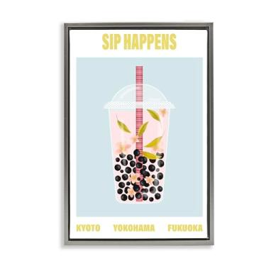 Imagem de Stupell Industries Sip Happens Boba Tea Brown arte de parede em tela flutuante emoldurada, design por A Barefoot Stylist, 78 x 53 cm