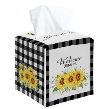 Imagem de Capa quadrada de caixa de lenços de girassol, xadrez preto e branco, suporte de caixa de lenços decorativa de girassol para quarto, banheiro, cozinha, escritório, bancada, organizador de papel facial