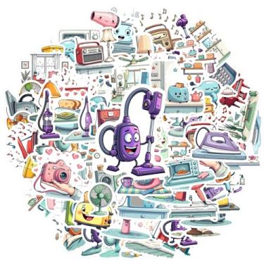 Imagem de 150 peças de eletrodomésticos itens domésticos rostos fofos personagens de desenhos animados música adesivos DIY adesivos de brinquedo desenhos animados decalques para notebook bagagem celular copo