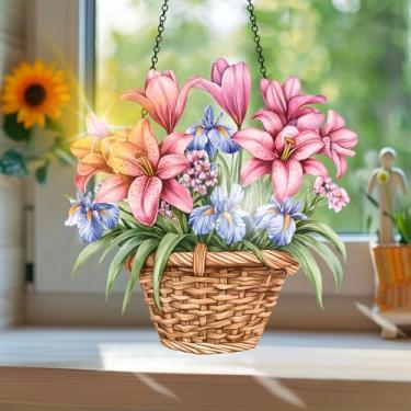 Imagem de Acrílico colorido, apanhador de sol estilo vitral estampado com flores com reflexos de arco-íris, arte de parede para decoração de janela suspensa, ornamentos de Natal para uso interno e externo 19,8