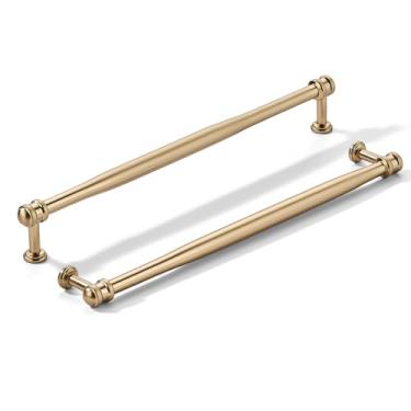 Imagem de khtumeware Pacote com 5 puxadores de armário de latão escovado central de 12 polegadas (305 mm), alça sólida para armário de cozinha resistente, ferragens de armário para penteadeira, puxador de