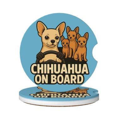 Imagem de Buyidec Porta-copos absorventes de carro Chihuahua a bordo, pacote com 2 suportes de copo, pedra cerâmica de 6,5 cm e base de cortiça que não arranha, porta-copos fofos para carro para mulheres e