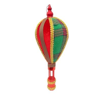 Imagem de Balão Natalino, Decoração em Tecido Xadrez Vermelho e Verde, Pendente para Árvore de Natal, 21 cm x 8 cm, com Detalhes Dourados