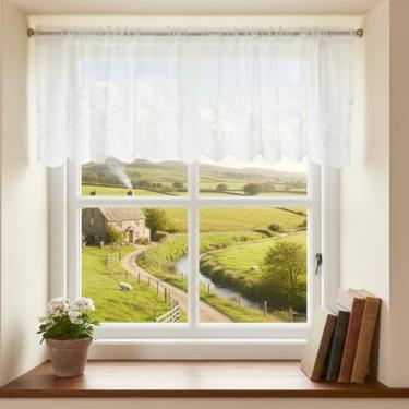 Imagem de LXUEJIE Saias de renda para janelas, cortinas curtas para janelas, cortina, vintage, creme, transparente, para cozinha, meia janela, decoração de banheiro, bolso para varão, 129,5 x 40,6 cm, 1 painel