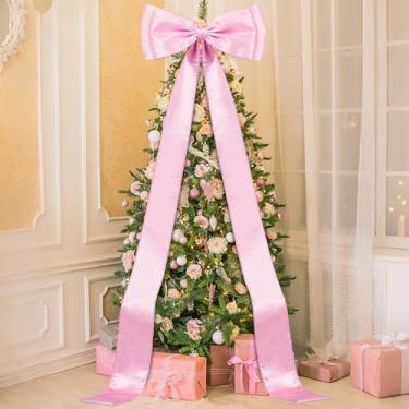 Imagem de Arco de árvore de Natal extragrande com camada dupla de 118 × 71 cm, laço de cetim gigante com serpentinas longas, decoração de topo grande para árvore de Natal, casa, guirlanda, festa, parede (rosa)