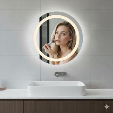 Imagem de Decora Loja Espelho Redondo LED Touch Screen, Vidro Prata, 80x80cm, Iluminação Branco Neutro, Montagem na Parede, Clássico, com Sensor e Pendurador