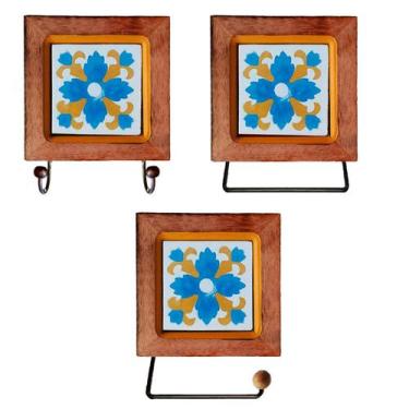 Imagem de Kit de Banheiro Artesanal com Ladrilho Hidráulico 3 Peças em Madeira M