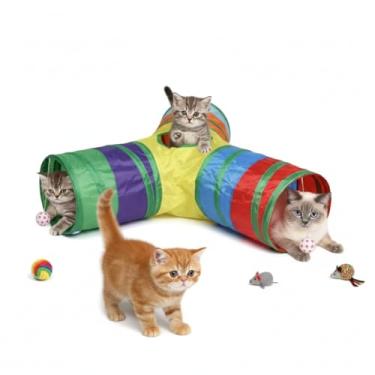 Imagem de Túnel Colorido para Gatos em Y, Poliéster e Aço, 69cm x 25cm, 3 Entradas, Dobrável, com Bolinha, para Todas as Idades