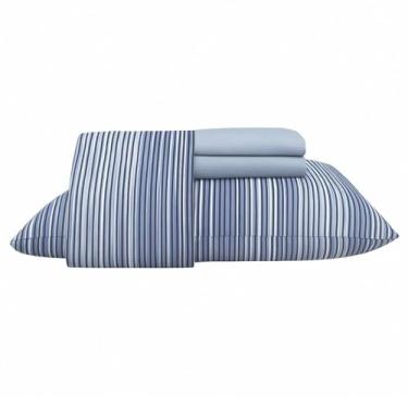 Imagem de Jogo de Lençol Teka Diamante 3 Peças Queen 100% Algodão 150 Fios (Azul Claro Fronha Listrada)