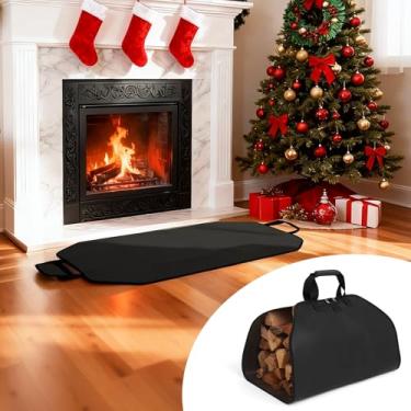 Imagem de PAWBOSE Bolsa de lenha para transporte de lenha e tapete de lareira à prova de fogo, ótimo presente para cabine, grande suporte de madeira com alças, protege os tapetes de brasas de faíscas - preto