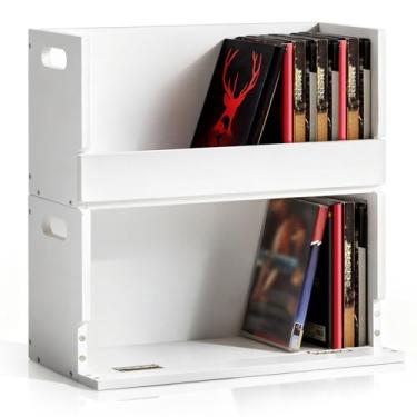 Imagem de CroBlissful 2 conjuntos de caixas de armazenamento de DVD de madeira, suporte de prateleira de armazenamento de DVD de madeira maciça, organizador de fita cassete com alça de transporte para CD, capas