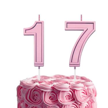 Imagem de Vela rosa de aniversário de 17 números para bolo, velas de bolo com número de 6 cm para decoração de aniversário de casamento, celebração de festa de feliz aniversário
