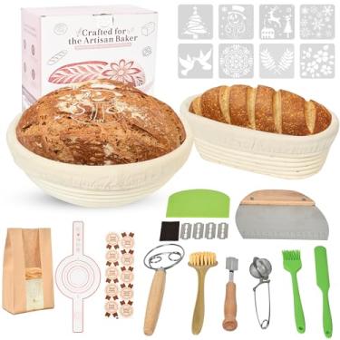 Imagem de Gladify Kit iniciante de massa fermentada, 23 cm redondo e oval de 25 cm, conjunto de cesta à prova de pão Banneton, suprimentos para assar pão de fermento, conjunto de presente para pães iniciantes e