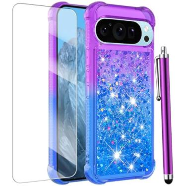 Imagem de Capa para Google Pixel 10 Pro XL com protetor de tela, glitter brilhante líquido flutuante bonito mulheres meninas capa protetora de silicone macio TPU à prova de choque para Pixel 10 Pro XL - roxo
