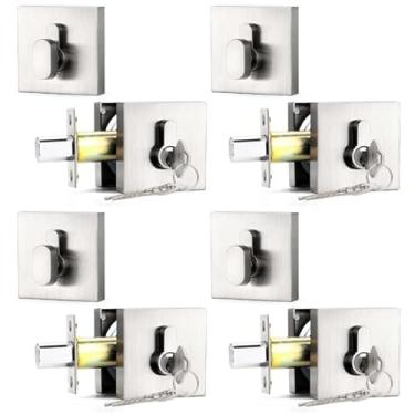 Imagem de Probrico Fechaduras de cilindro único com chave (pacote com 4) Fechaduras de entrada e porta da frente Conjunto quadrado de níquel escovado com as mesmas chaves, ferragens antifurto para portas