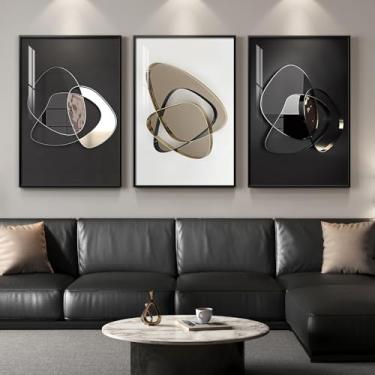 Imagem de Arte de parede abstrata moderna e elegante emoldurada grande para sala de estar, 3 peças contemporâneas de luxo em metal, imagens minimalistas para entrada, BeeHome, decoração de parede de escritório