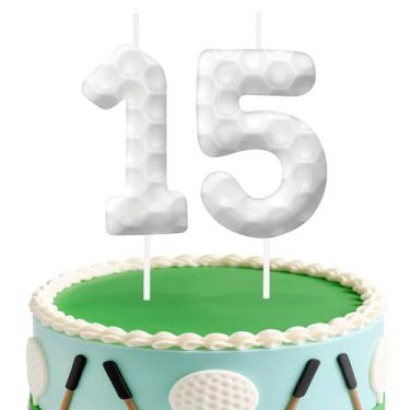 Imagem de Velas de aniversário número 15 de golfe, topo de bolo temático de golfe para meninos e meninas, decorações de bolo para aniversários, suprimentos de festa com tema esportivo, velas para decorações de