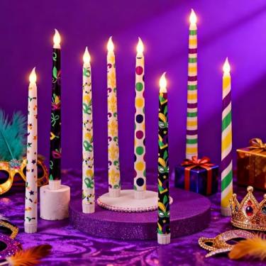 Imagem de Tujoe 8 peças de velas afuniladas de LED Mardi Gras, listras de 25,4 cm de altura e confetes estrelados, presentes de carnaval para decoração de mesa de jantar, lembrancinha de festa temática