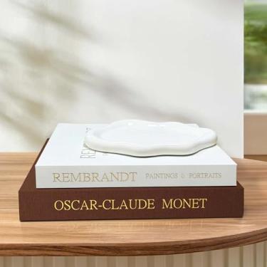 Imagem de Novalunae Conjunto de 3 peças de decoração de mesa de café, livros decorativos de linho com bandeja de cerâmica branca, decoração de estante minimalista moderna, livros falsos para sala de estar