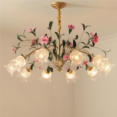 Imagem de Lustre Pastoral Francês com Flores Americanas - Luminária Pendente Decorativa LED para Sala de Estar, Restaurante, Quarto, Villa, Café, Loja de Roupas e Casa (BB 10 Lâmpadas)