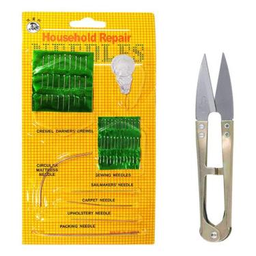 Imagem de Kit Agulhas Mão Agulheiro Costura Passador Linha + Tesoura - Household