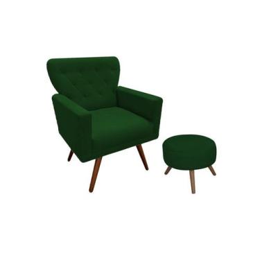 Imagem de Kit Poltrona Decorativa Aurora + 1 Puff Redondo Suede Verde Pés Madeir