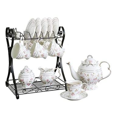 Imagem de Conjunto de xícara de chá de porcelana conjuntos de pires de xícara de café conjunto de chá da tarde conjunto de chá de serviço Xícara de chá da China com suporte de exibição tigela e jarra de creme