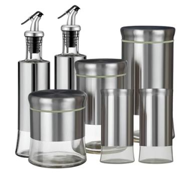 Imagem de Conjunto 7 Peças Galheteiro Aço Inox com Porta Condimentos, Vidro e Metal, Prateado