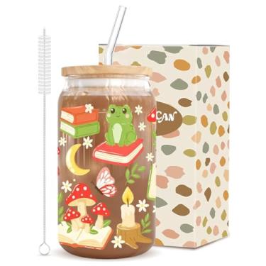 Imagem de Copo de vidro de 473 ml com padrão de sapo, cogumelo e livro, inclui tampa de bambu, 2 canudos e pincel, caixa de presente para café gelado, smoothie, coquetel, uísque, presente para mulheres